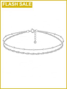 Dainty Double Strand Sterling Silver Chain Bracelet, Waterproof, 6.5-7.5 inch